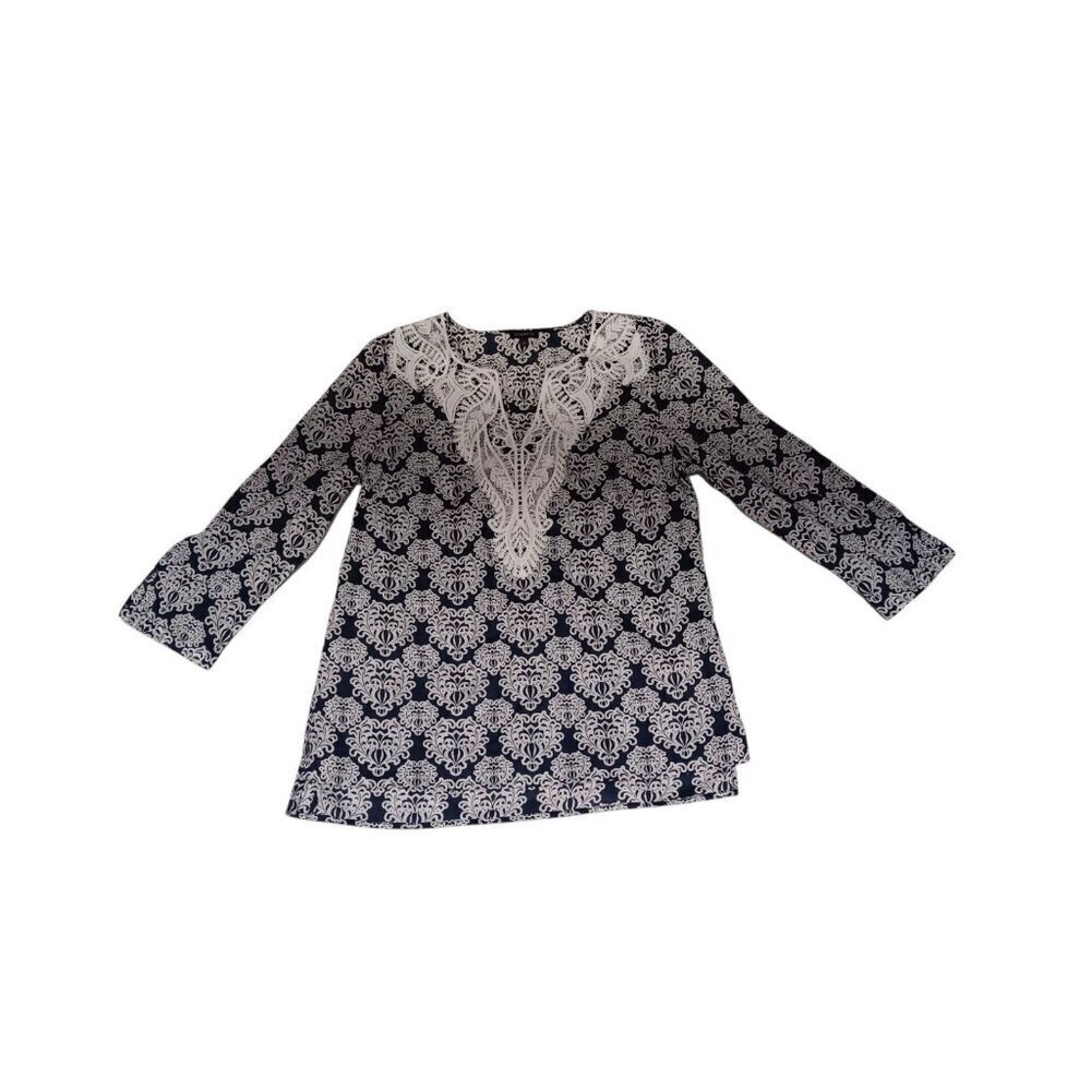Talbots Embroidered Boho Floral Tunic Top Women Size S Navy White Bohemian